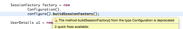 The method buildSessionFactory from the type Configuration is deprecated